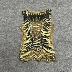 One World Tank Top Womens Size L Sage Green Boho Mandala Ruched Shredded USA